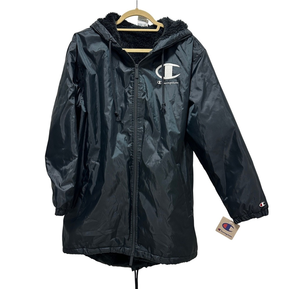 Champion Hooded Jacket Womens Large Black Sherpa Lined Longline Full Zip JL394 - Picture 1 of 7